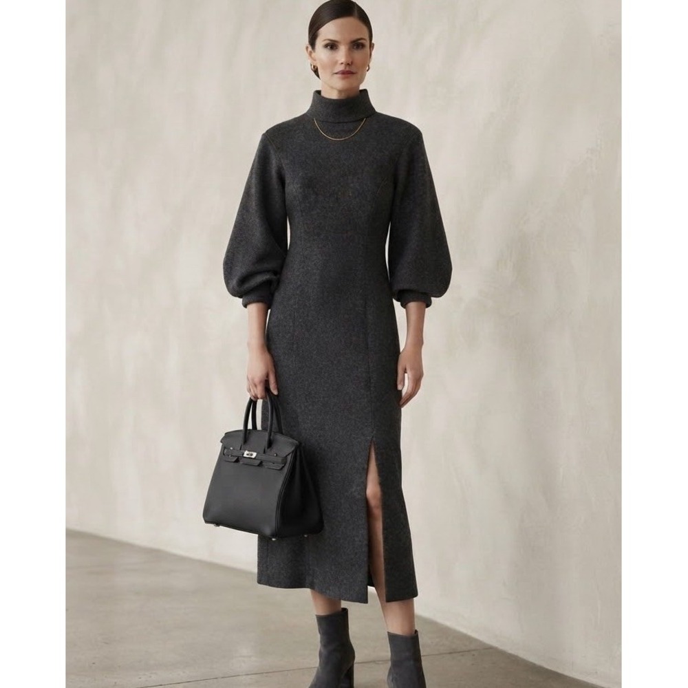 16Arlington Dress Women's Mock Neck Virgin  Wool Charcoal Long Sleeve Size 6
